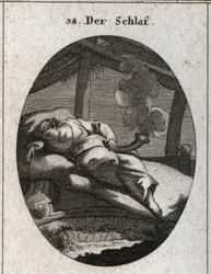 Allegory of Sleeping on a Bed of Ebony Near Which a Stream Flows. He holds a black and polished cone from where comes a steam that means dreams. Engraving in 