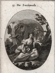 Allegory of Sweetness or Mansuetude, crown of olive trees for the symbol of peace. Its attribute is the elephant, representing the goodness of the heart, the lamb symbol of mansuetude and the dove, emblem of sweetness. Engraving in 