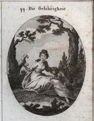 Allegory of docility. His attributes are the parakeet and the little dog because of their obedience and desire to please. Engraving in 