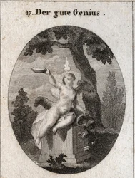 Allegory of the Favorable Genius under the figure of a child with wings and a small flame on his head, sitting on an altar in the shade of a plane tree. The horn of abundance means that it fills men with his favours. The father is a symbol of religious fee