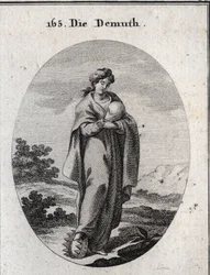 Allegory of humility. Under his foot, a crown of gold enriched with precious stones. She disdainfully considers a ball representing the earth of which she misses the grandeur. Engraving in “Iconologie oder Ideen aus dem Gebiete der Leidenschaften und Alleg