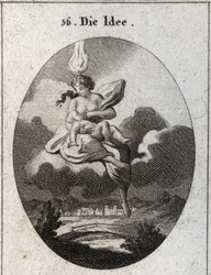Allegory of the idea represented with a flame on the head and a gold circle on the forehead, nursing a child. Engraving in 
