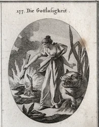Allegory of impiety holding a torch from which she burns a pelican in her nest with her young. Her attribute is the hippo. Engraving in 