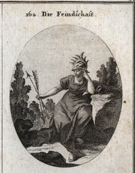Allegory of enmity with a helmet trimmed with iron tips. Her dress is strewn with flames. The two arrows she holds to the opposite are synonymous with contradiction. Engraving in 