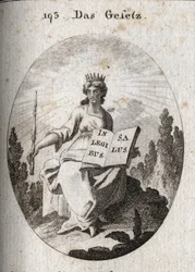 Allegory of the law. His radiant diadem marks his divine origin. The sceptre denotes its authority and the book is open or inscribed “In Legibus Salus” means that it promises a reward to those who obey it. Engraving in “Iconologie oder Ideen aus dem