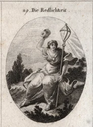 Allegory of loyalty (or sincerity) throwing a mask that is the attribute of feint and lie. Its emblem is a crystal lantern symbol of the lightning. A heart is drawn on his chest. Engraving in 