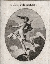 Allegory of the Occasion. With wings on the feet and hair forward, it rests slightly on a wheel. Engraving in 
