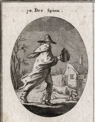 Allegory of the Spy. His coat is strewn with eyes and ears and holds a deaf lantern. A brque dog smells the terrain. Engraving in 