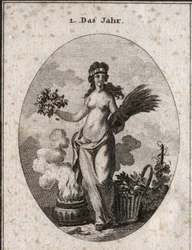 Allegory of the Year Surrounded by Symbols of the Four Seasons (Wreath of Flowers for Spring, Wreath of Wheat for Summer, Basket of Reason for Autumn and Vase of Fire for Winter). The Year is Half Dressed in Reference to the Degrees of Heat and Cold with
