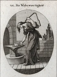 Allegory of tribulation. She holds a heart on an anvil and beats it with a small flower to mark that tribulation takes away all that is rude and unclean. Engraving in 