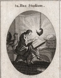 Allegory of Writing to a desk illuminated by light. The rooster is the attribute of vigilance. Engraving in 