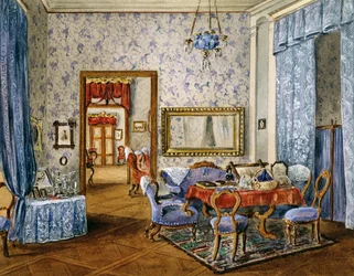 Biedermeier Style Bedroom, Circa 1830, Watercolor