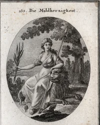 Clemency allegory. She is represented holding a spear and an olive branch to indicate that she has the power to punish but also to forgive. The lion is the attribute of generosity. Engraving in “Iconologie oder Ideen aus dem Gebiete der Leidenschaften un