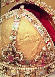 Coronation Crown of Rudolf II, Emperor of Austria, detail of a gold panel depicting King Rudolf in battle, c. 1576