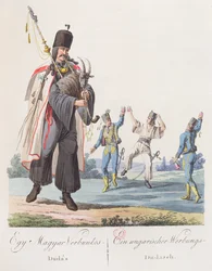 Soldiers of a Hungarian regiment performing a recruitment dance, illustration from a book Costumes de Hongrie, published in Vienna, 1810
