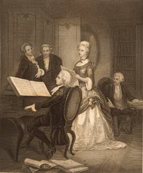 Wolfgang Amadeus Mozart accompanying Caterina Maddalena Giuseppa (engraving)