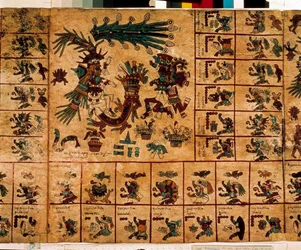 Representation of Aztec deities and boxes corresponding to the calendar. Page of the Aztec manuscript on bark 
