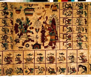 Representation of Aztec deities and boxes corresponding to the calendar. Page of the Aztec manuscript on bark 