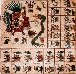 Representation of Quetzalcoatl and Tezcatlipoca, Aztec deities and boxes corresponding to the calendar. Page of the Aztec manuscript on bark 