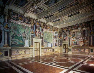 Royal or Hercules Hall with Frescoes by Baldassare Croce Depicting Mythological and Historical Scenes of the City of Viterbo, Wooden Coffered Ceiling with the Possessions of the City, Town Hall (formerly Palazzo dei Priori), Viterbo, Lazio, Italy