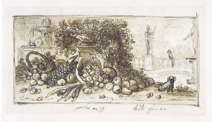 Still Life in a Park with a Fountain, a Dog and a Parrot
