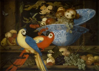 Fruit Still Life with Two Parrots