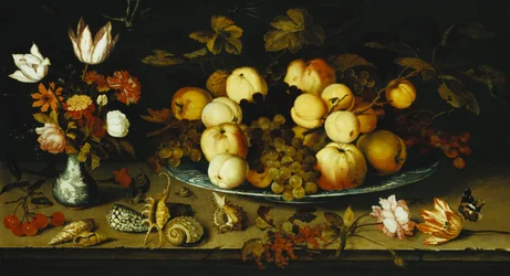 Fruit on a Dish, Flowers in a Wanli Kraak Porselein Vase, Sprigs of Cherries and Redcurrants, Seashells, a Rose, a Tulip, a Pink, a Lizard, a Snail and a Red Admiral on a Stone Ledge, Dragonflies Above