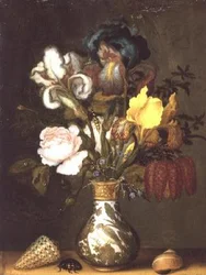 Irises, Roses and other flowers in a porcelain vase with shells