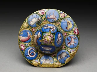 Lidded Bowl, Saucer and Spoon with Astrological Decoration