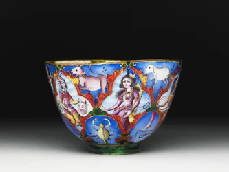 Lidded bowl, saucer and spoon with astrological decoration