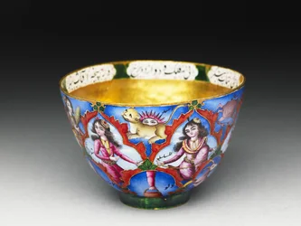 Lidded bowl, saucer and spoon with astrological decoration