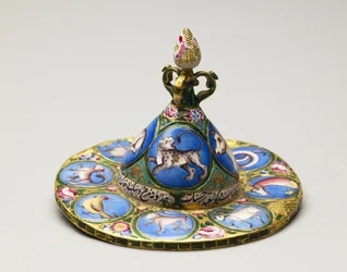 Lidded Bowl, Saucer and Spoon with Astrological Decoration