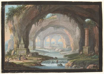 Landscape with Broken Caves, Tomb Monuments, a River and Figures