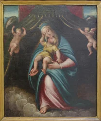 Madonna and Child Under a Canopy Held by Two Angels