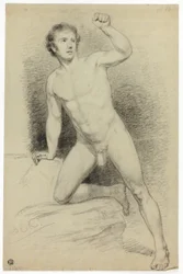 Academic Male Nude Leaning on Platform
