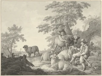 Shepherd with Sheep and a Boy with a Young Bull in a Landscape