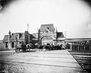 Union Stock Yards gate on Exchange Avenue, Chicago, Illinois, USA, c.1905 (b/w photo)