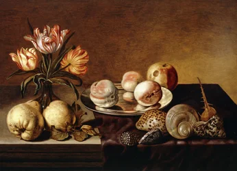 A Silver Plate of Peaches, a Vase of Parrot Tulips, Pears and Shells on a Partly Draped Table