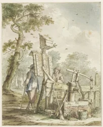 Landscape with Two Men at a Billboard by a Water Pump