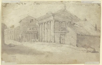Street with an ancient Ionic temple, now a Christian church with an added colonnade