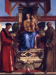 Enthroned Mary with Child, Saints Homobonus, Francis of Assisi, Catherine of Alexandria, and the Donor Bernardino da Feltre (d. 1494)