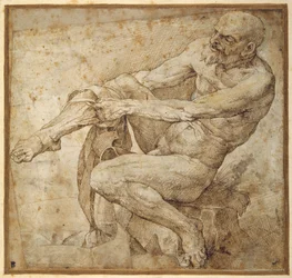 Naked man pulling on his hose (after Marcantonio Raimondi and Michelangelo Buonarroti)