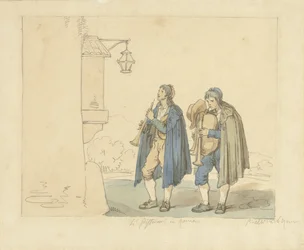 Flute Player and Bagpipe Player in Front of a House
