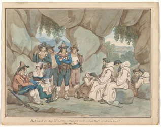“Frati” Captured by Brigands and Held in a Grotto, illustration for Roman Costumes and Customs