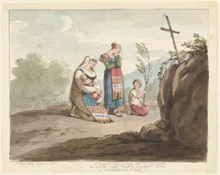 Peasant Woman with Her Children Crying before the Burial Site with a Cross, illustration for Roman Costumes and Customs