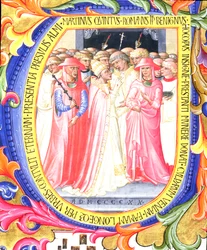 Historiated initial U depicting Pope Martin V consecrating the Church of Sant. Egidio: (detail)