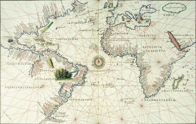 A double-page map of the Atlantic Ocean, showing the east coast of North and South America, 1544