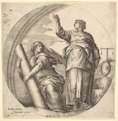 Fortitude and Justice, an allegorical composition in round format, with Fortitude