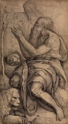 Saint Jerome kneeling before a crucifix, with a skull and lion, ca. 1550-60