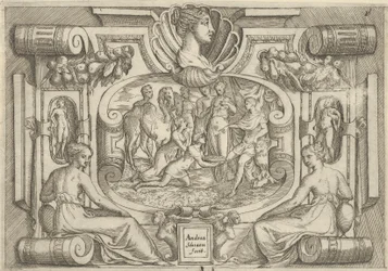 A man and woman offering a platter of coins to a king seated on a throne, ca. 1540-80